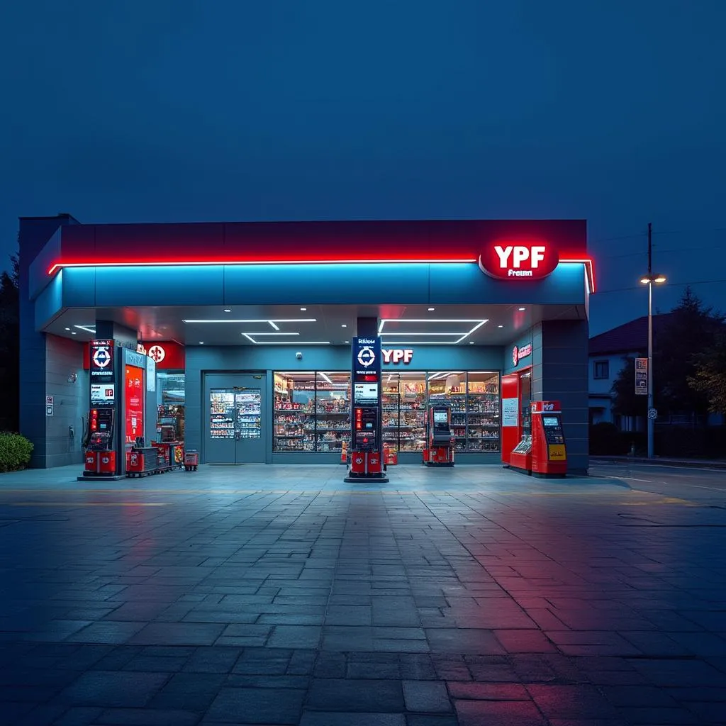 Estación YPF Premium moderna con iluminación nocturna